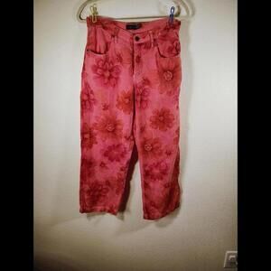 Coral Floral Ankle Wide Leg Pants USA 100% Cotton. Blue Dot. High Ris. Button